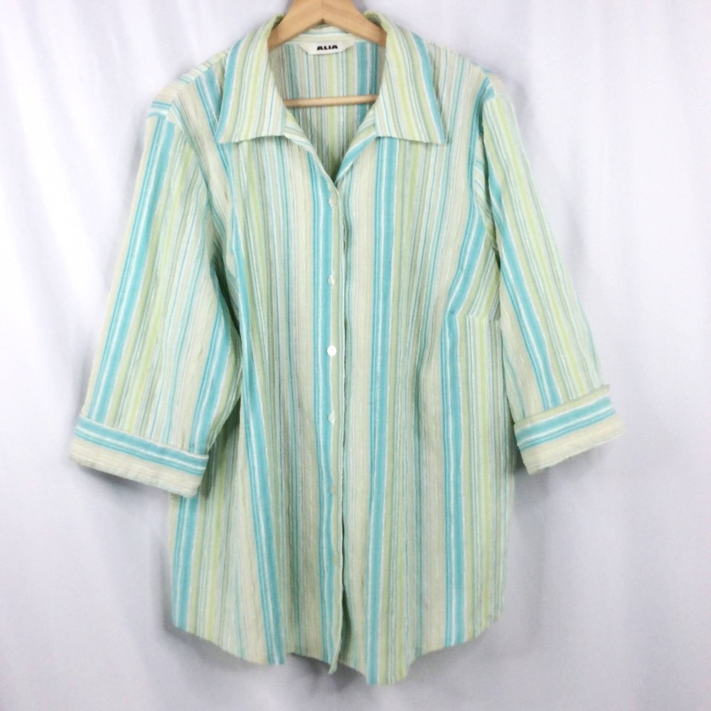Alia Women's Plus Size Top 20W Blue Green Striped 3/4 Sleeve Button Down